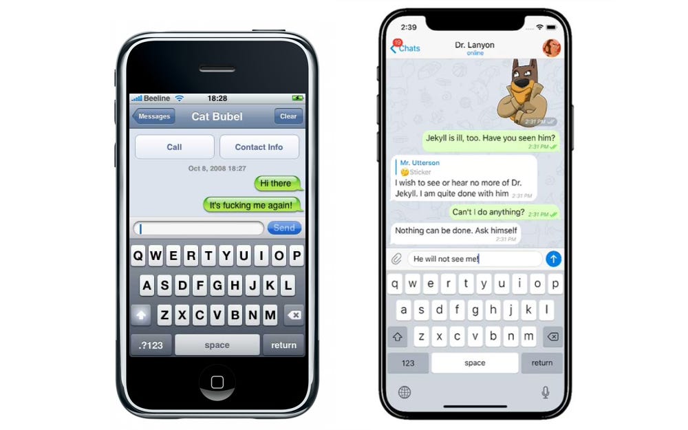 Интерфейс собщений на iPhone 2G и Telegram на iPhone 12.
