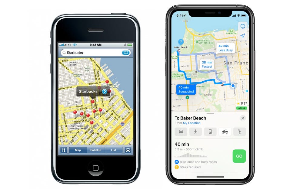 Интерфейс Apple Maps на iPhone 2G и iPhone 12.