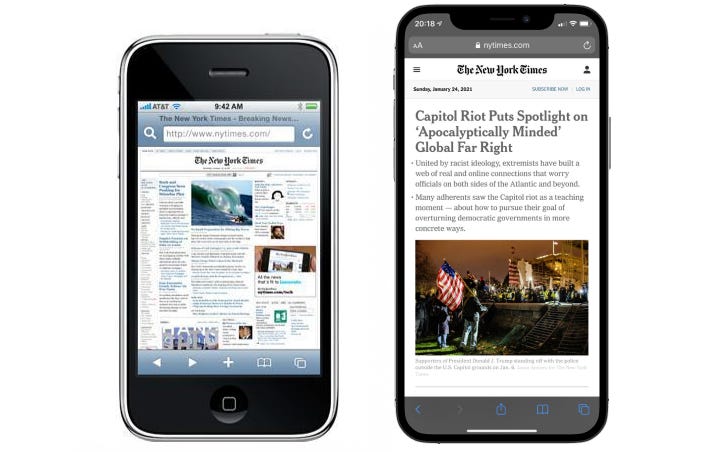 Сайт The New York Times на iPhone 2G и iPhone 12.